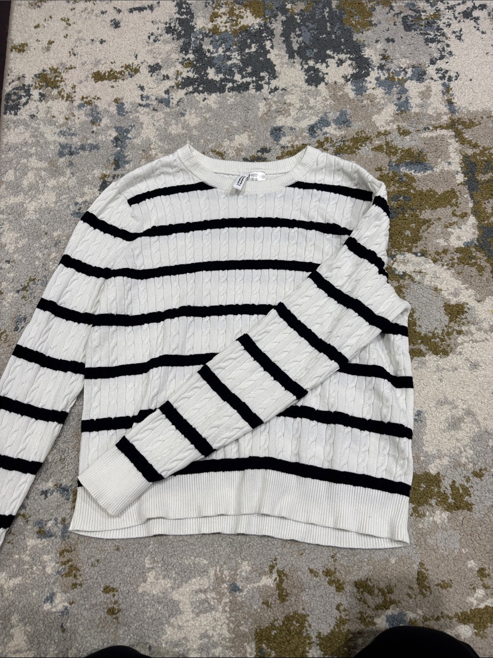 H&M White Cable-Knit Crewneck Sweater with Black Stripes